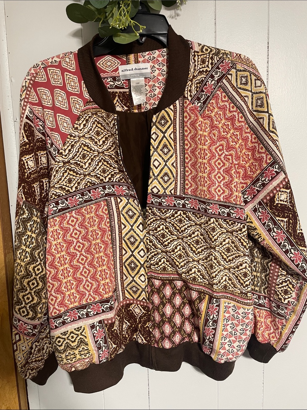 Alfred Dunner Brown, Pink & Yellow Patchwork Bomber Jacket